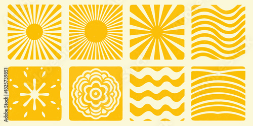 Retro yellow pattern set with sunbursts waves and floral designs