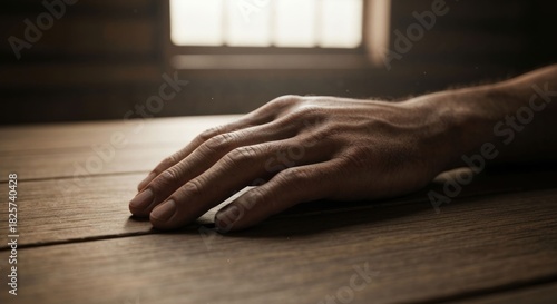 A pensive hand lies on a dark wooden table near a barred window