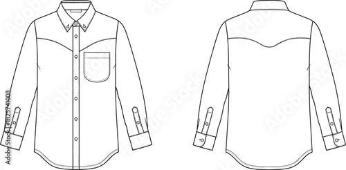 Men's western shirt technical sketch, long sleeve cowboy top vector illustration, front and back view, fashion design template, blank mockup
