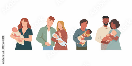 Diverse families with newborn babies parents holding infants vector illustration