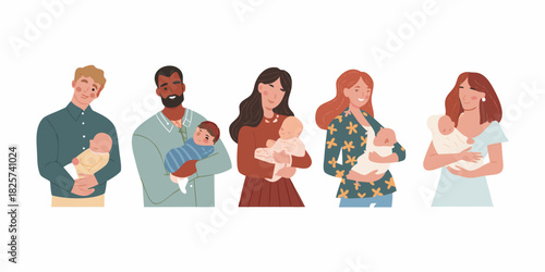 Diverse parents holding newborn babies with love and care