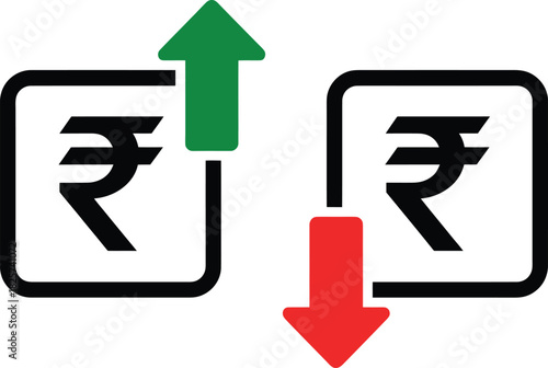 Rupee Currency Growth and Decline Vector Icons