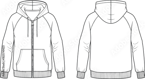 Men's zip-up hoodie technical sketch, raglan sleeve vector illustration, front and back view, fashion design template, flat drawing, blank apparel mockup