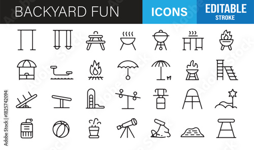 Collection of backyard leisure, play, and picnic line icons