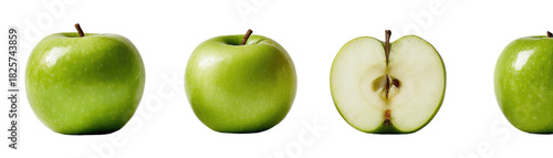 Four bright green apples, one sliced in half, on a black background