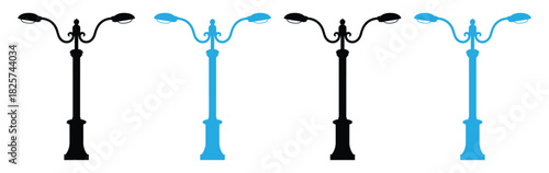 Elegant vintage streetlights for stylish urban design and architectural plans,Street lamp black silhouette, post lights outdoor silhouette set. Lamppost objects. Vector street lamp illustration