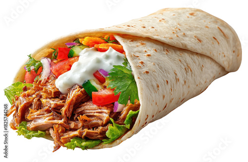 Hearty wrap filled with shredded meat, fresh veggies, and creamy sauce
