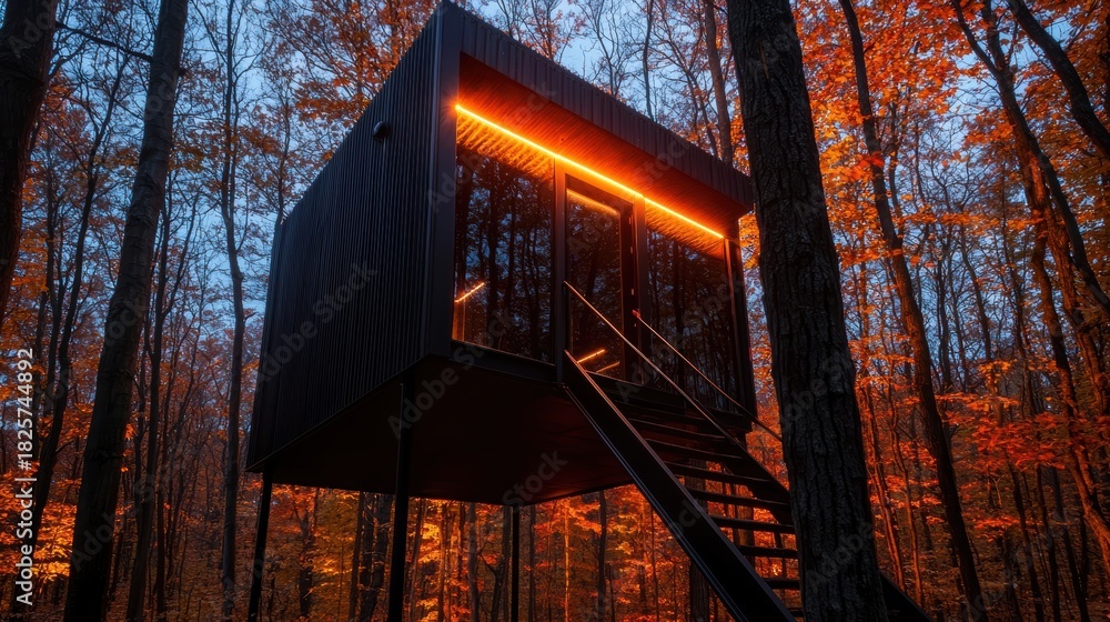 Obraz premium A modern tree house with a black exterior and orange lights, surrounded by trees with autumn leaves.
