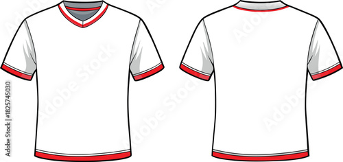 White Blank Front and Back view with Red Neck Border t shirt vector template for fashion design, branding, or clothing presentations.