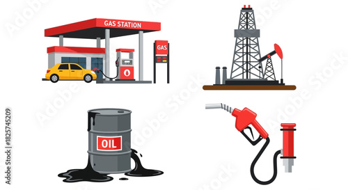Oil industry icons depicting a gas station, oil rig, barrel with oil spill, and a fuel pump nozzle.