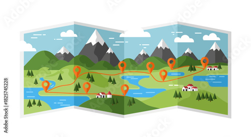 Folded map illustration showing a scenic route through mountains, lakes, and villages, marked with orange location pins.