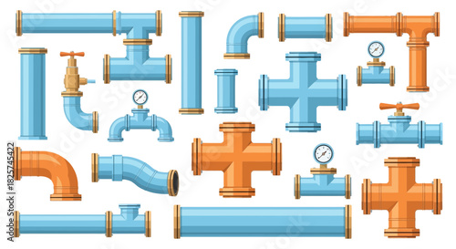 Illustration showcasing a collection of various blue and orange pipes, fittings, valves, and connectors arranged on a white background.