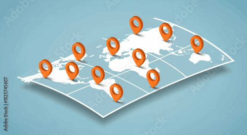 World map depicted with orange location pins marking various points across continents, set against a light blue background.