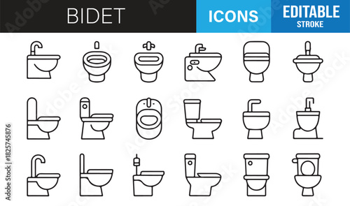 Editable stroke WC, bidet, and toilet symbols for manuals and UI