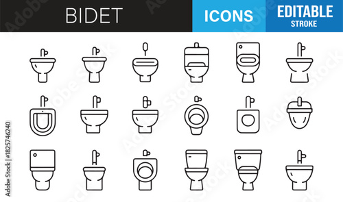 Line icons of bidets, toilets, urinals, and modern bathroom fixtures