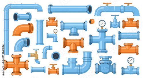 Illustration of various blue and orange pipes and fittings, including elbows, tees, valves, and straight sections, arranged on a white background.