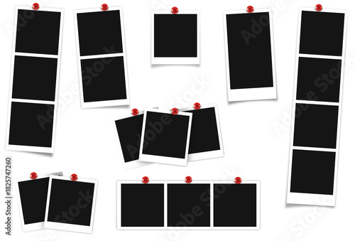 Blank polaroid photo frame mockup set with red pins, arranged in multiple layouts on transparent background, for scrapbook design, memory board, photo collage and gallery mockups.