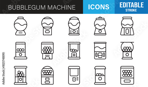 Line icons of classic bubblegum and gumball vending machines