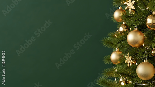 A festive Christmas-themed background with a solid deep forest-green backdrop. On the left side, a beautifully decorated Christmas tree with gold ornaments. Suit for graphic design.