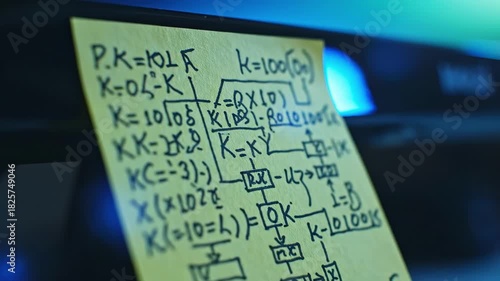 Close Up of Mathematical Formulas on Yellow Sticky Notes on Glass