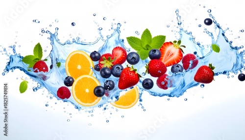 Fresh Berries and Citrus Bursting Through Water with Mint Leaves