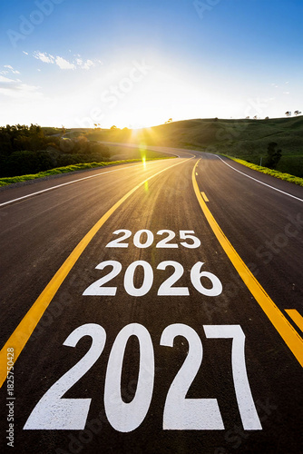 Wallpaper Mural Road ahead with 2025 2026 2027 painted on asphalt towards sunset Torontodigital.ca