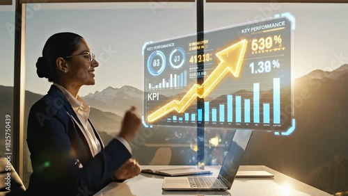 Businesswoman Analyzing Futuristic Holographic Financial Growth Chart