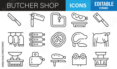 Minimal outline butcher equipment set including cleavers and grinders