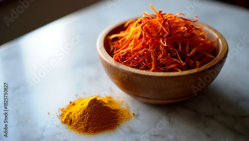 Bowl of vibrant saffron threads and pile of turmeric powder on a textured surface