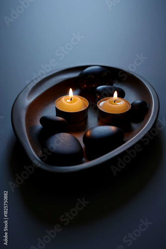 Tranquil spa setting with two lit tea light candles and smooth dark stones