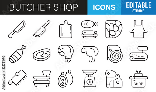 Outline meat processing and kitchen tool icon collection