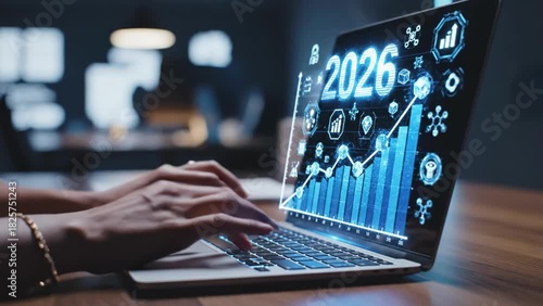 Hands Typing on Laptop with 2026 Future Financial Growth Overlay