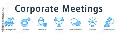Corporate meetings web banner icon vector illustration concept with icon of board meeting minutes, chairperson, stakeholders, communication flow, discussion, conference, and collaboration tools.