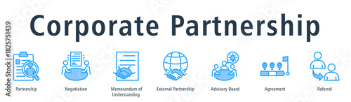 Corporate partnership web banner icon vector illustration concept with icon of partnership, negotiation, memorandum of understanding, external partnership, advisory board, agreement, and referral.