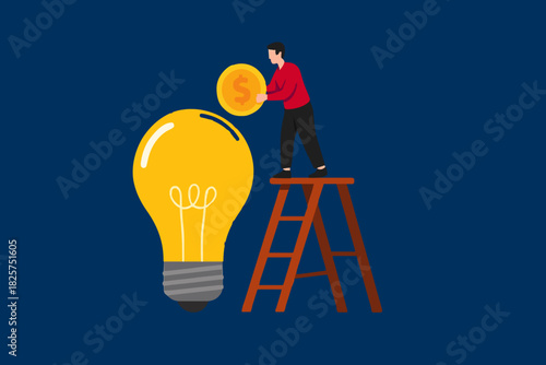 funding new innovative project, investing or VC venture capital to support business startup idea, raising funds to start a business, businessman inserts gold coins into business light bulb idea