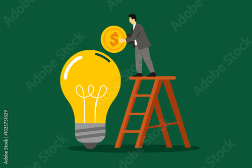 funding new innovative project, investing or VC venture capital to support business startup idea, raising funds to start a business, businessman inserts gold coins into business light bulb idea