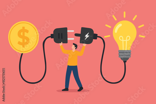exchanging knowledge or science for money for a business or start up project, new business idea to get money, businessman connect plug with light bulb idea to money concept vector illustration