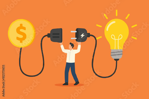 exchanging knowledge or science for money for a business or start up project, new business idea to get money, businessman connect plug with light bulb idea to money concept vector illustration