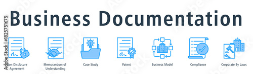 Business documentation web banner icon vector illustration concept with icon of non disclosure agreement, memorandum of understanding, case study, patent, business model, and compliance.