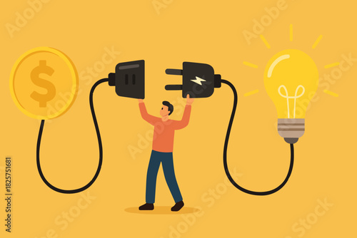 exchanging knowledge or science for money for a business or start up project, new business idea to get money, businessman connect plug with light bulb idea to money concept vector illustration
