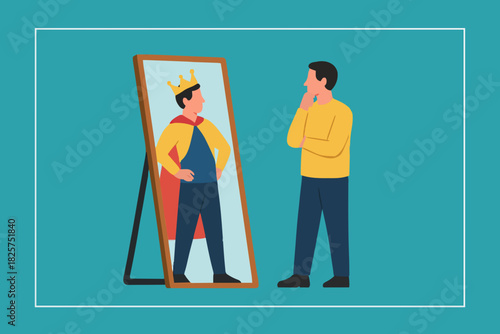 Illustration of a businessman looking in the mirror with the image of himself being a king suitable for describing leadership, confident, know yourself flat design vector illustration