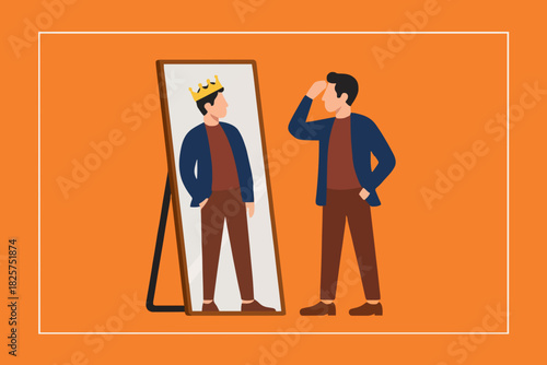 Illustration of a businessman looking in the mirror with the image of himself being a king suitable for describing leadership, confident, know yourself flat design vector illustration