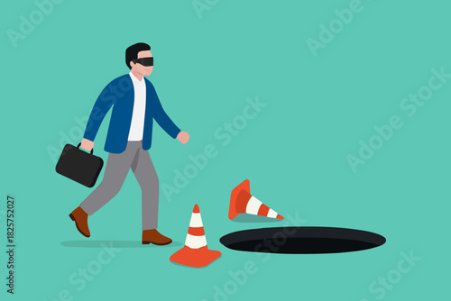 businessman walking while using AR and VR technology headset do not observe any big hole on the road, dangers or negative impacts of advances in augmented and virtual reality technology illustration