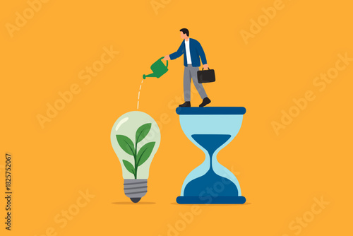 ESG, Environmental social and governance, sustainable business, industry using environmentally friendly energy or renewable energy, businessman watering sustainability light bulb on top of hourglass
