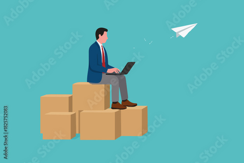 selling product online in e commerce or online shop, online web store business or internet shopping, businessman receiving order from computer while sitting with package box ready to send