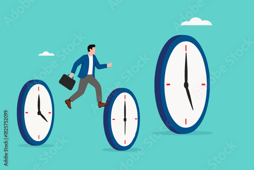 time management skills, successful time management as inspiration for the next time management, increasing expertise over time, businessman jumps through the small clock to the big one
