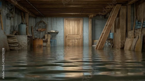 Flooded storage room with wooden door and vintage tools, water reflecting light in a dimly lit space 4k video footage