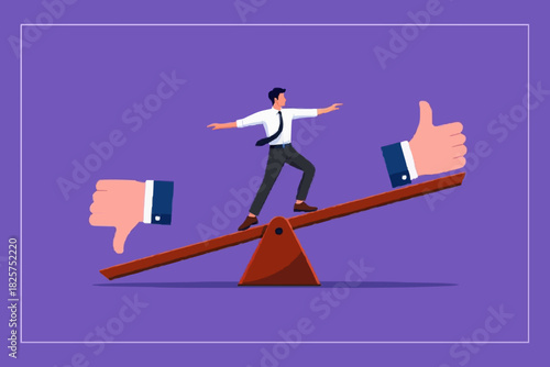 evaluation illustration with the concept of a businessman who falls off a seesaw because his thumb down is heavier than his thumb up, poor performance concept, client dissatisfaction illustration