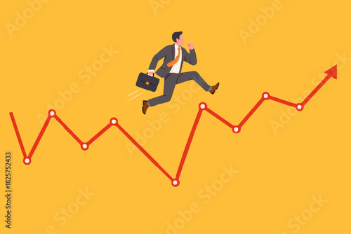 Overcoming financial problems in business or investment with businessman jumping over falling financial graph, creative idea or solution to solve problem, business challenge concept illustration