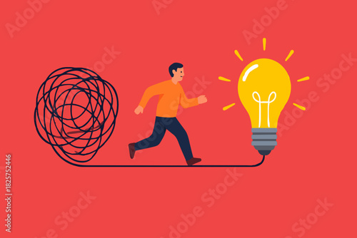 Careful of Problem Solving with creative idea solution, thought process to find a way out of a problem, conscientious businessman crossed a stretch of messy lines to a lightbulb idea